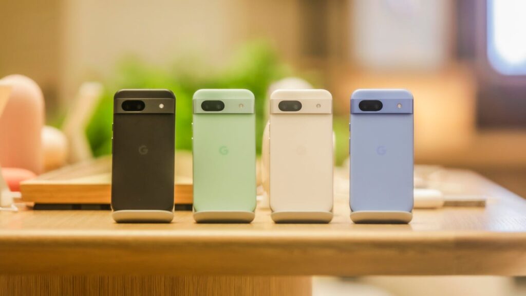 The Google Pixel 8A in its four color options (from left to right): obsidian, aloe, porcelain and bay.