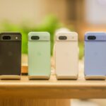 The Google Pixel 8A in its four color options (from left to right): obsidian, aloe, porcelain and bay.